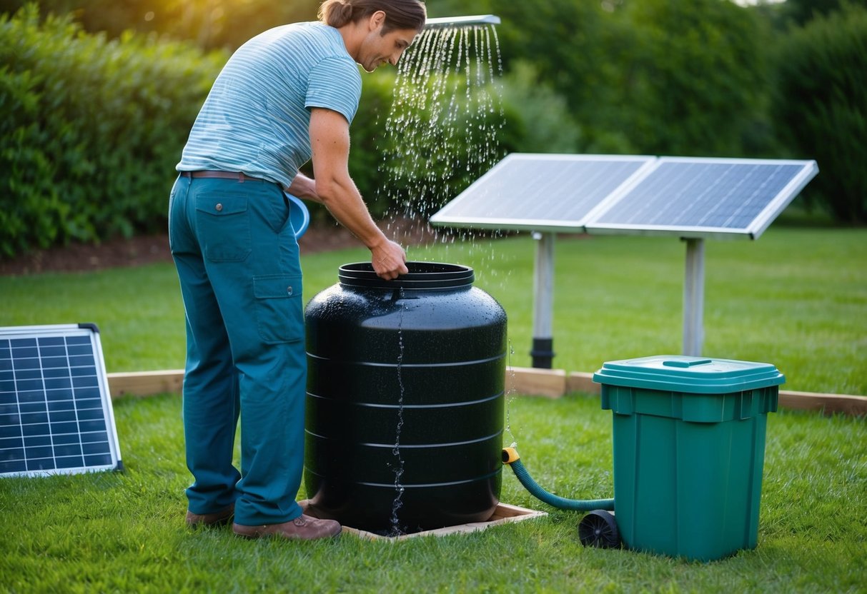 Eine Person sammelt Regenwasser mithilfe eines großen Fass- und Rinnensystems. Sonnenkollektoren und ein Kompostbehälter befinden sich in der Nähe und zeugen von einem autarken Lebensstil