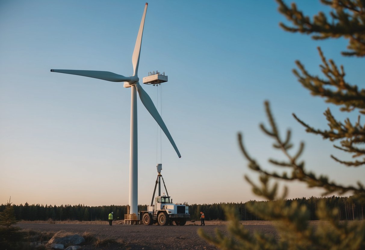 Eine Windkraftanlage wird an einem abgelegenen, netzunabhängigen Standort mit umgebenden Bäumen und klarem Himmel installiert