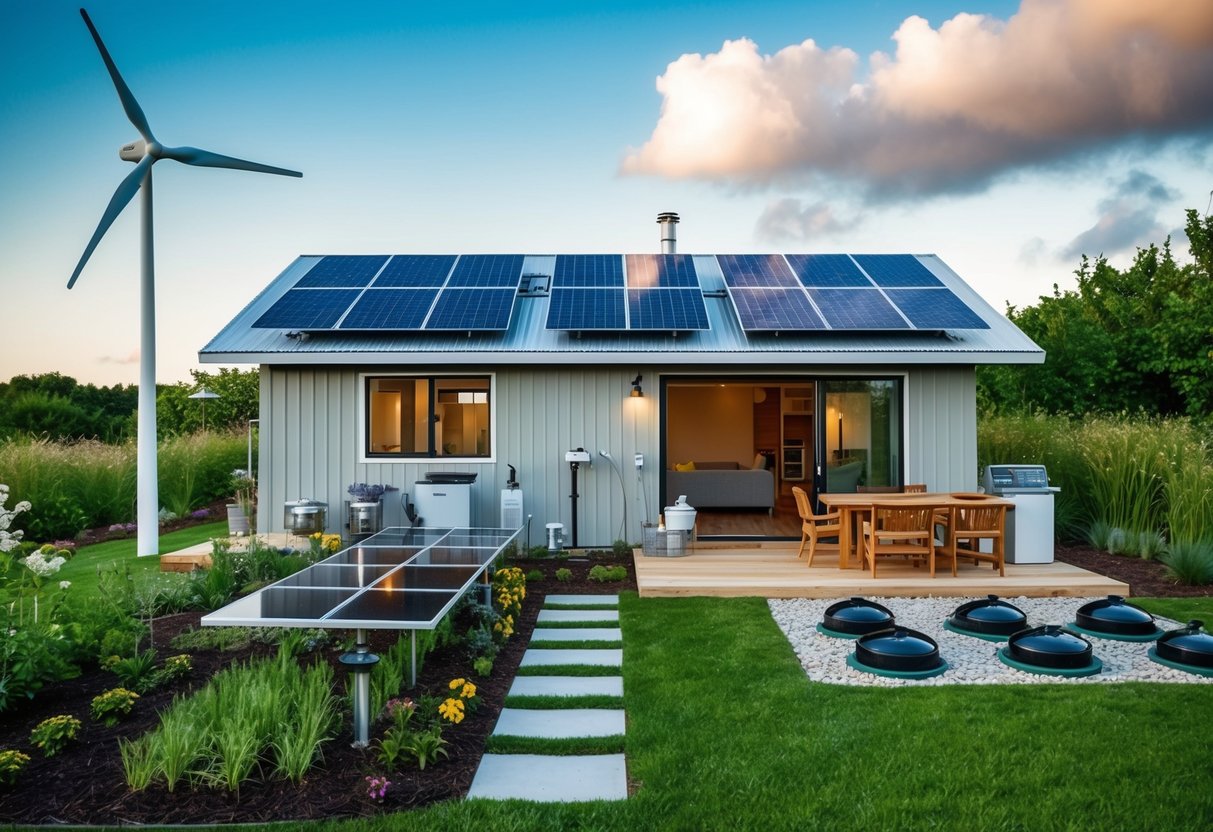 Ein gemütliches, netzunabhängiges Haus mit Sonnenkollektoren, einer Windkraftanlage und energieeffizienten Geräten. umgeben von einem üppigen, nachhaltigen Garten- und Wassersammelsystem