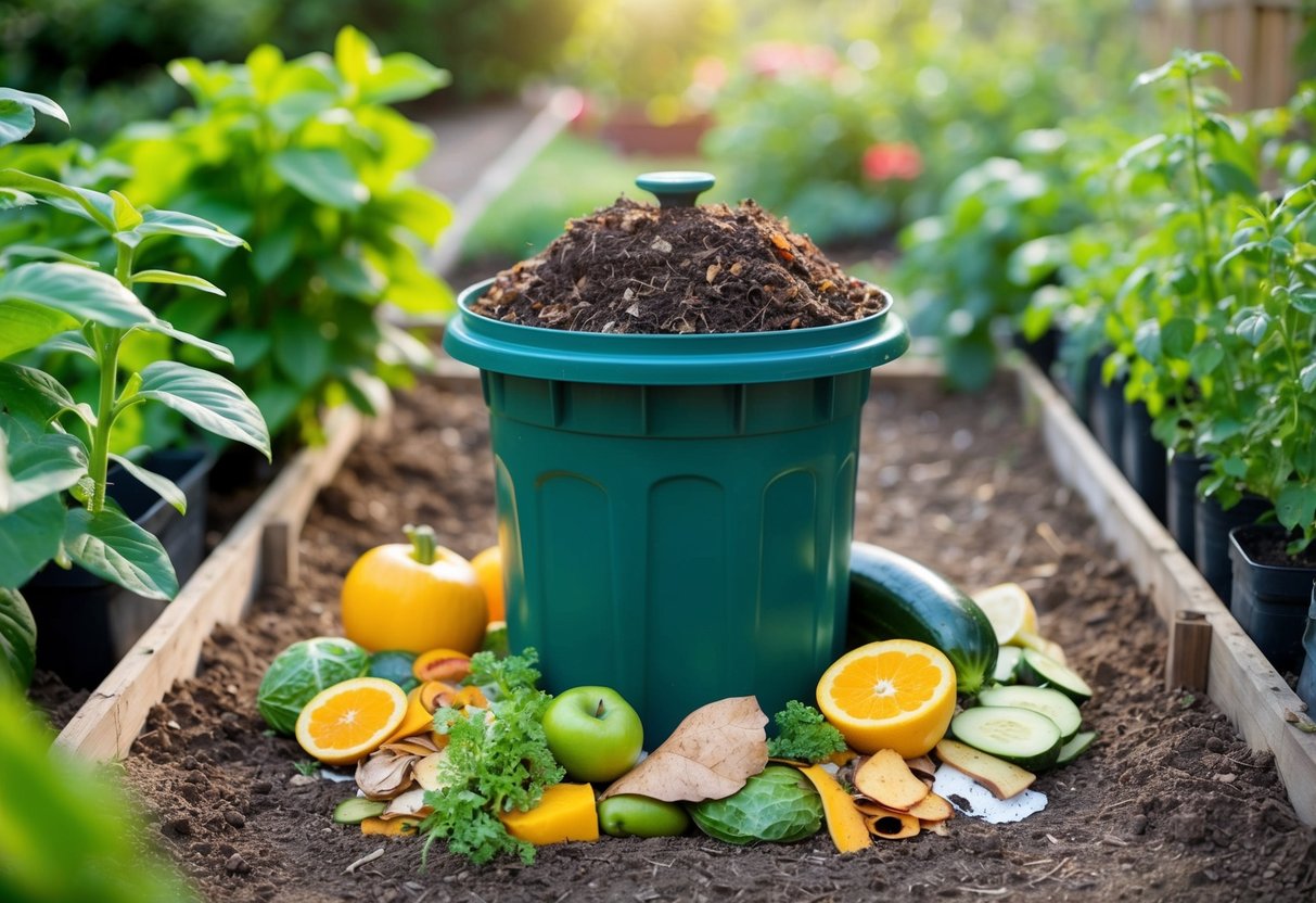 Ein Kompostbehälter, umgeben von verschiedenen organischen Abfällen wie Obstschalen, Gemüseresten und Kaffeesatz. Ein kleiner Garten mit blühenden Pflanzen in der Nähe