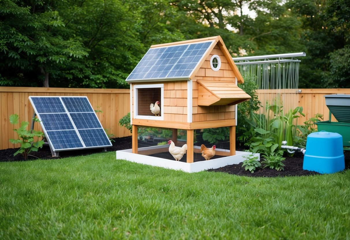 Ein kleiner, sich selbst versorgender Hühnerstall, umgeben von einem üppigen Garten und Sonnenkollektoren, mit einem Kompostierbereich und einem Regenwassersammelsystem in der Nähe