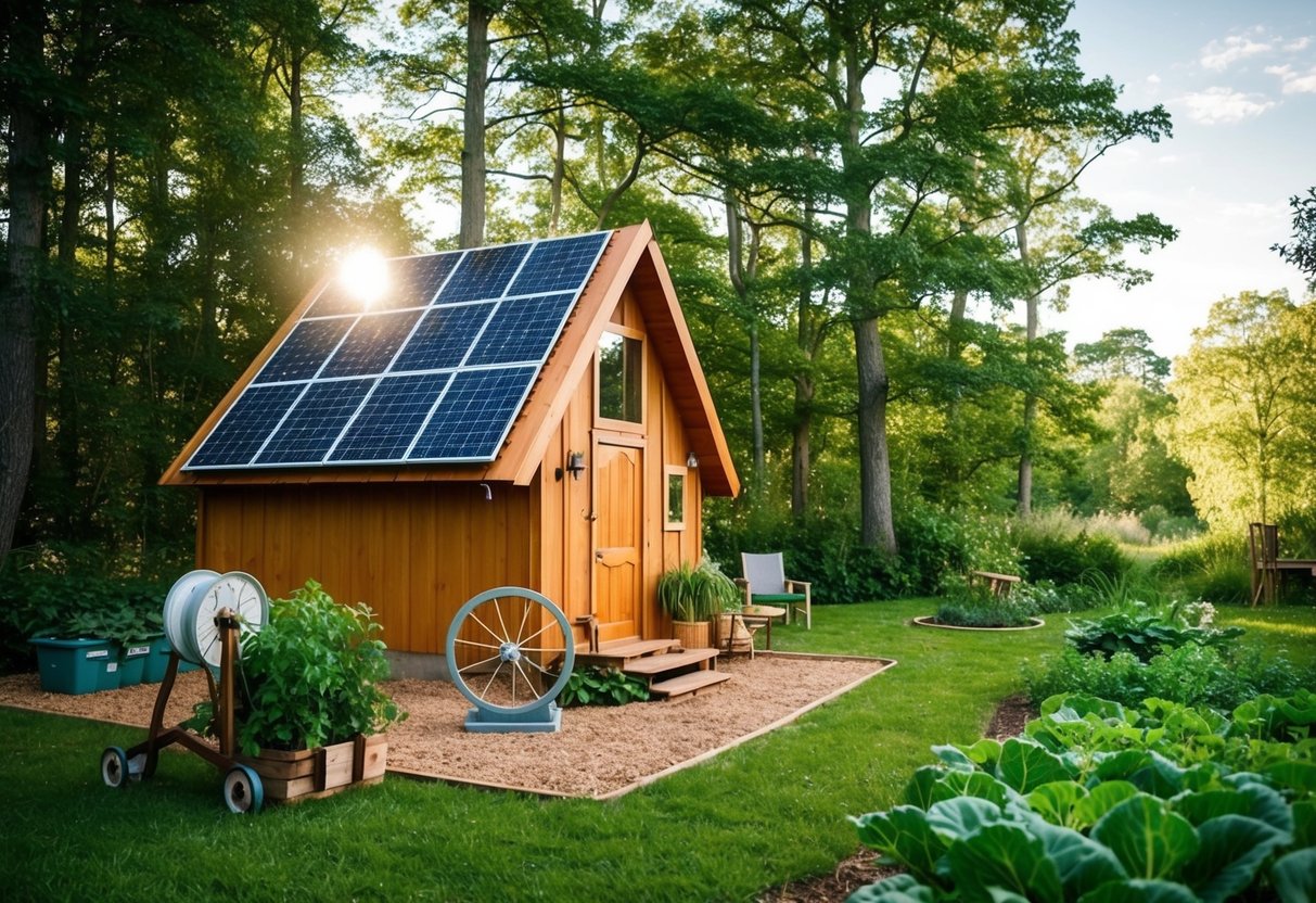 Eine gemütliche Hütte im Wald mit Sonnenkollektoren, einem Gemüsegarten und einem Spinnrad. Um die Hütte herum gibt es üppige Bäume und eine ruhige, autarke Atmosphäre