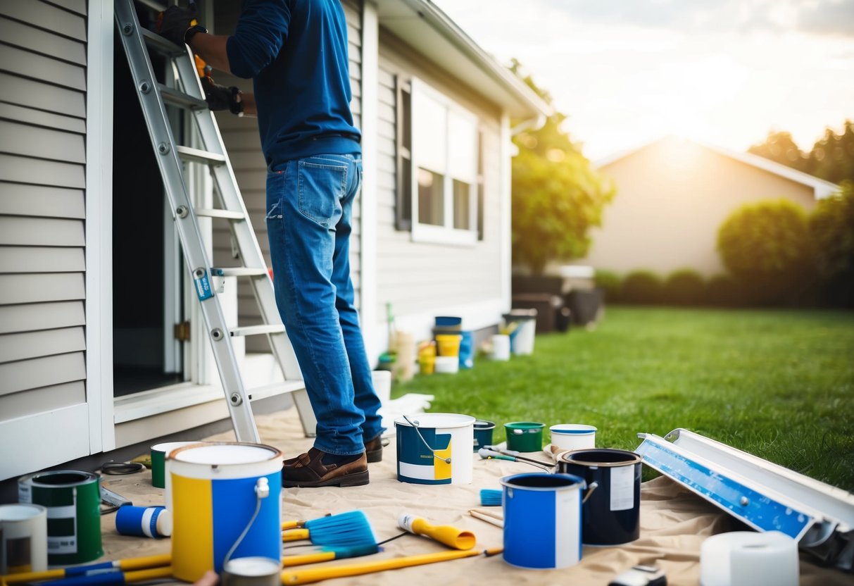 Eine Person malt die Außenseite eines Hauses, umgeben von Werkzeugen und Materialien. Leitern, Farbdosen und Pinsel sind überall verstreut