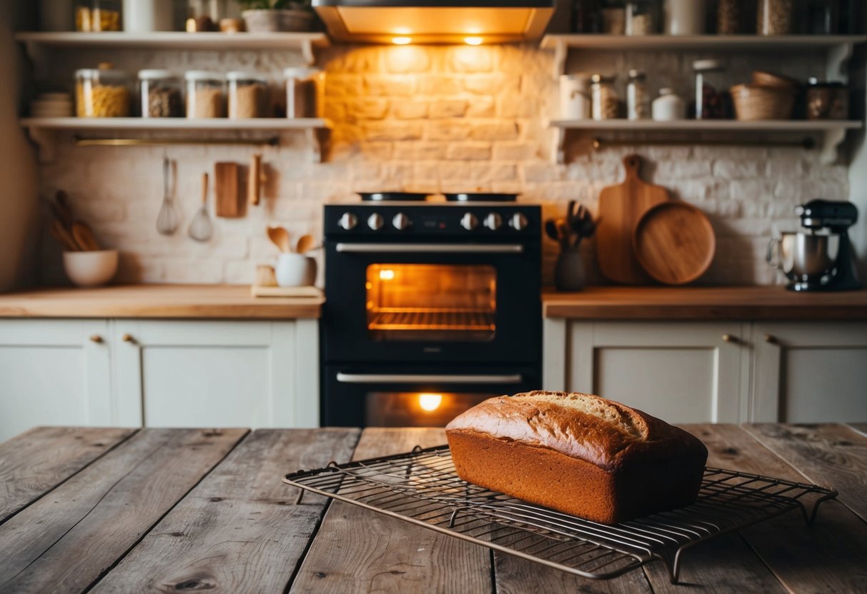 Eine rustikale Küche mit einem Holztisch und Regalen voller Backzutaten. Ein warmer Ofen strahlt einen goldenen Schein aus und ein Laib frisch gebackenes Brot liegt auf einem Kühlregal