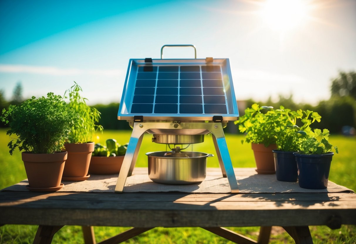 Auf einem rustikalen Tisch im Freien steht ein Solarkocher, umgeben von Kräuter- und Gemüsetöpfen. Die Sonne scheint hell über uns und wirft einen warmen Schein auf die Szene