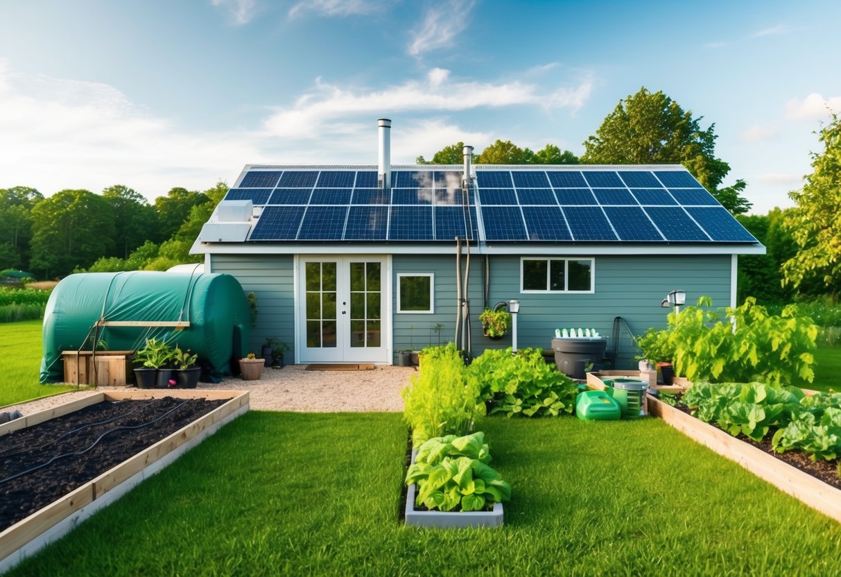 Ein sich selbst versorgendes Gehöft mit Sonnenkollektoren, einem Gemüsegarten, einem Regenwassersammelsystem und einem Kompostierungsbereich