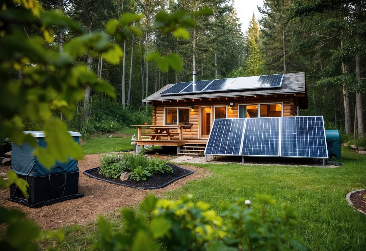 Eine gemütliche, netzunabhängige Hütte mitten im Wald, umgeben von einem üppigen Garten und Sonnenkollektoren. In der Nähe befindet sich ein Regenwassersammelsystem und ein kleiner Kompostierungsbereich ist sichtbar