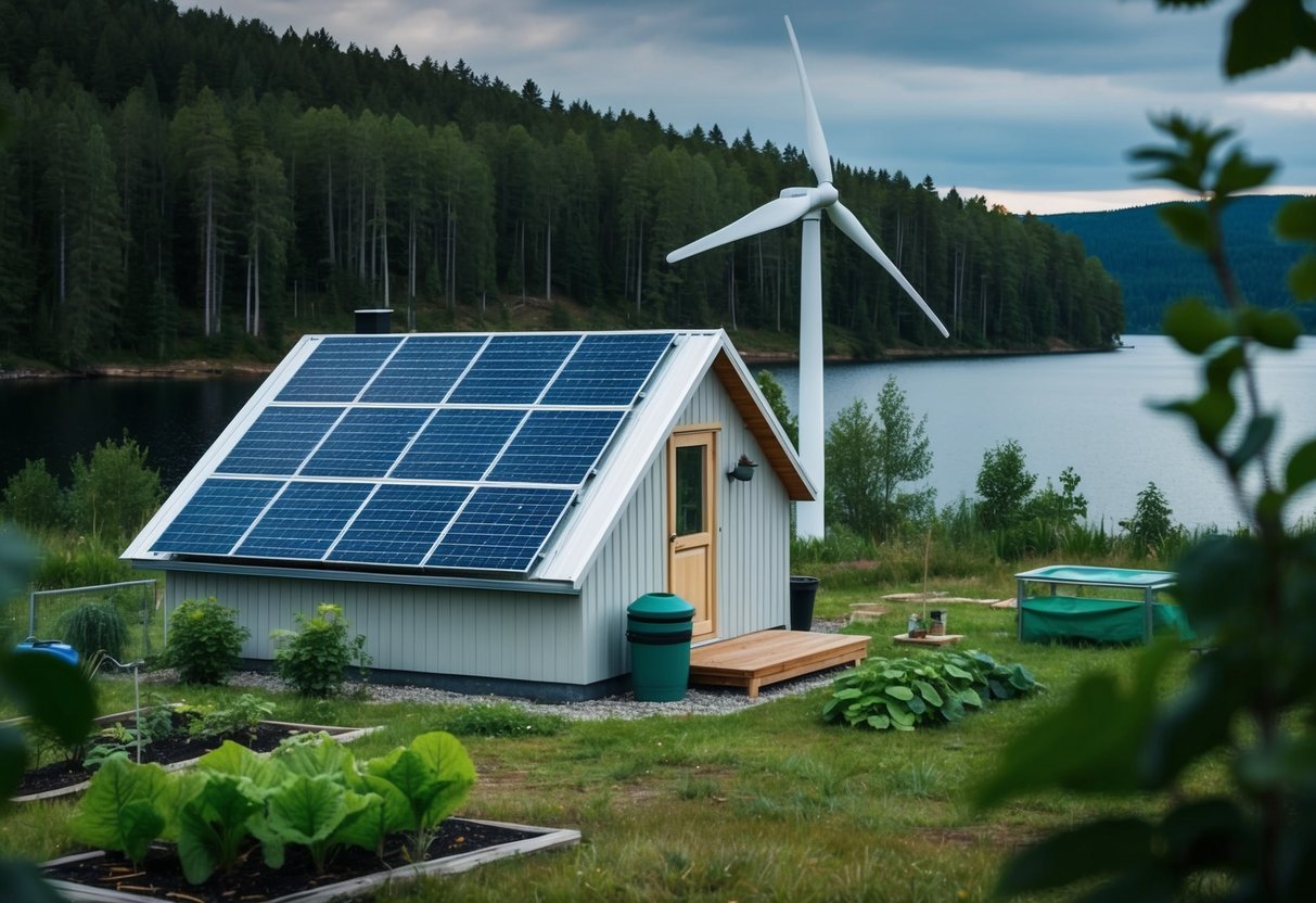 Eine abgelegene schwedische Hütte mit Sonnenkollektoren, einer Windkraftanlage und einem Gemüsegarten, umgeben von dichtem Wald und einem nahegelegenen See