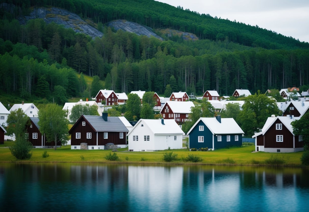 Ein gemütliches schwedisches Dorf mit traditionellen Holzhäusern, umgeben von üppigen grünen Wäldern und einem ruhigen See