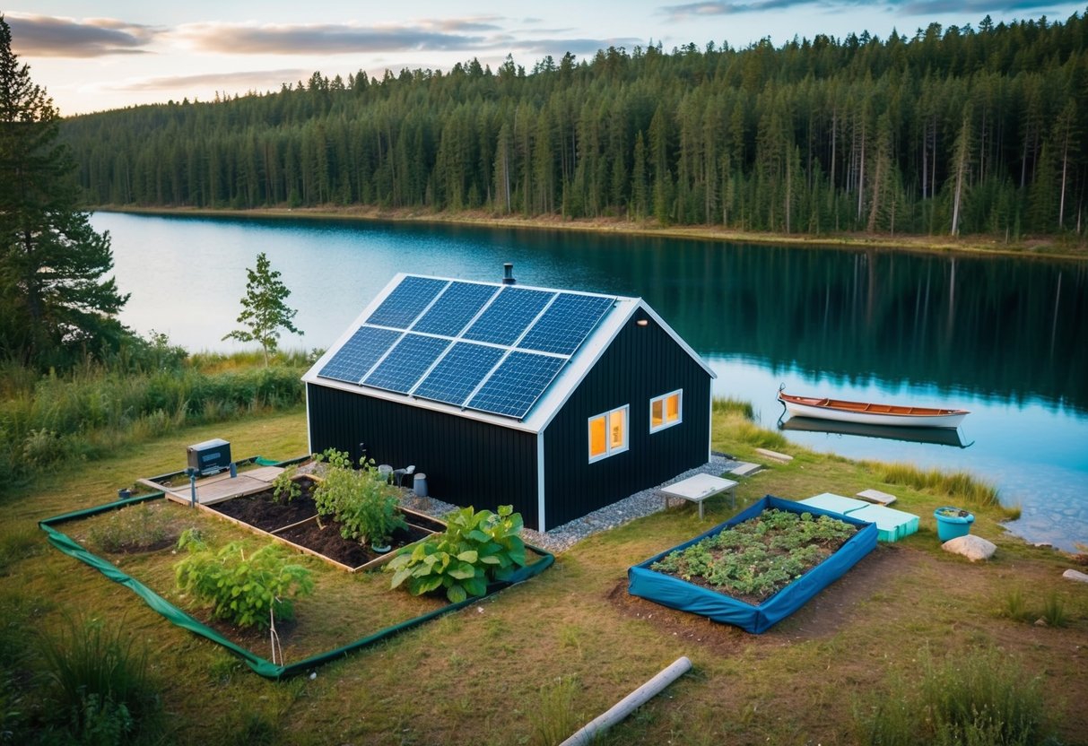 Eine abgelegene schwedische Hütte mit Sonnenkollektoren, einem Garten und einem Kompostierbereich. Umliegender Wald und ein klarer See mit einem kleinen Boot