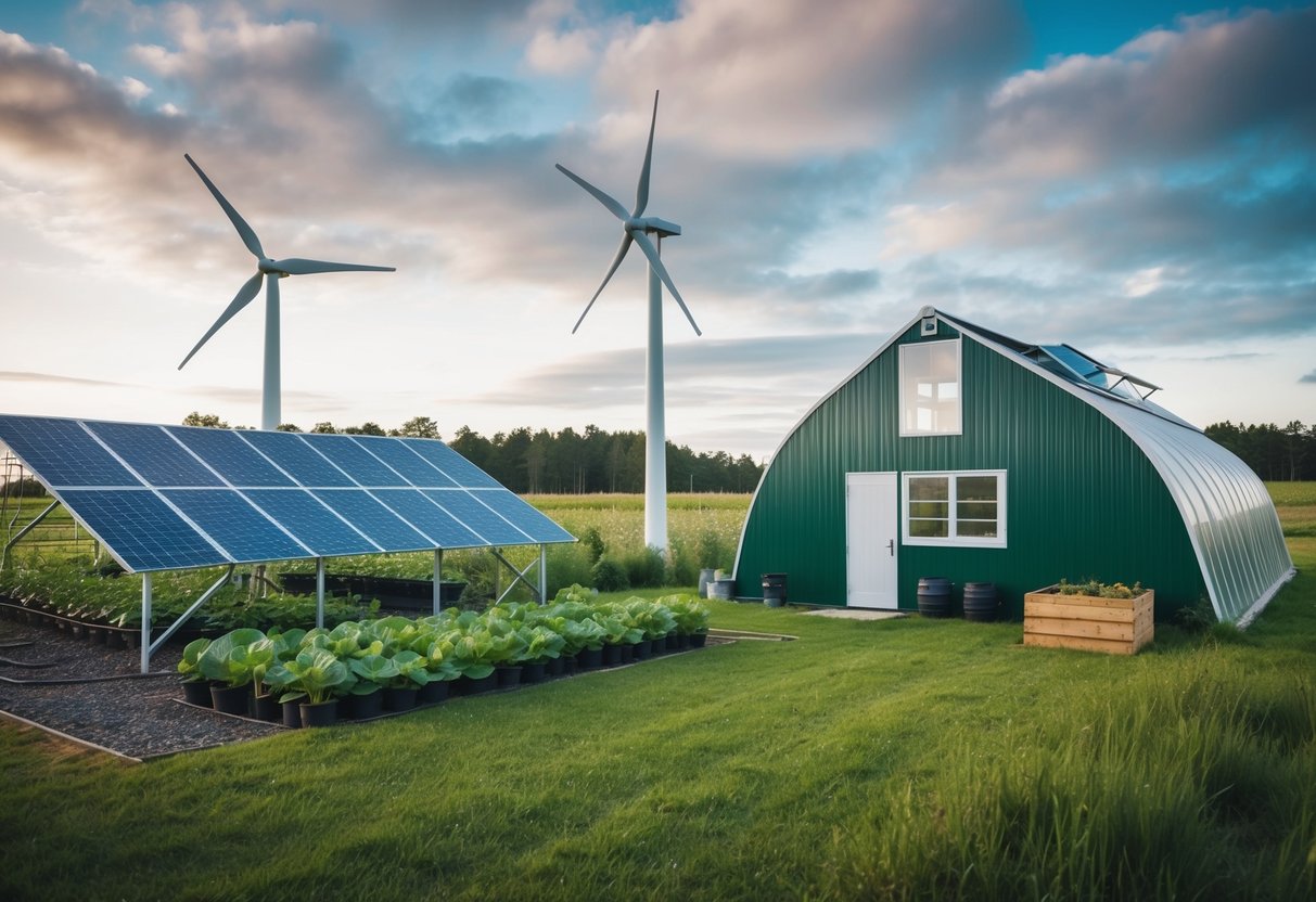 Ein autarker Bauernhof im ländlichen Schweden mit Sonnenkollektoren, Windkraftanlagen und einem Gewächshaus für den Lebensmittelanbau