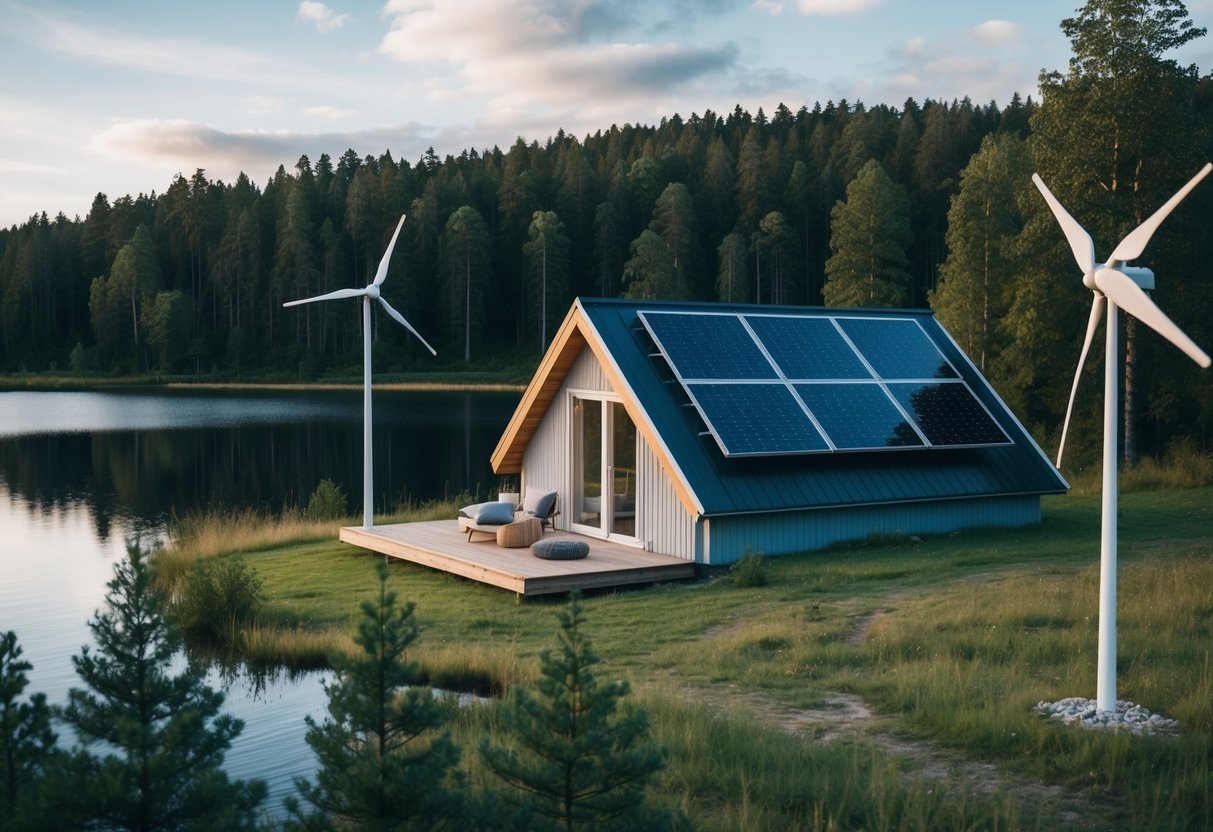 Eine gemütliche, netzunabhängige Hütte inmitten der schwedischen Landschaft, umgeben von üppigen Wäldern und einem ruhigen See. Sonnenkollektoren und eine kleine Windkraftanlage sorgen für nachhaltige Energie