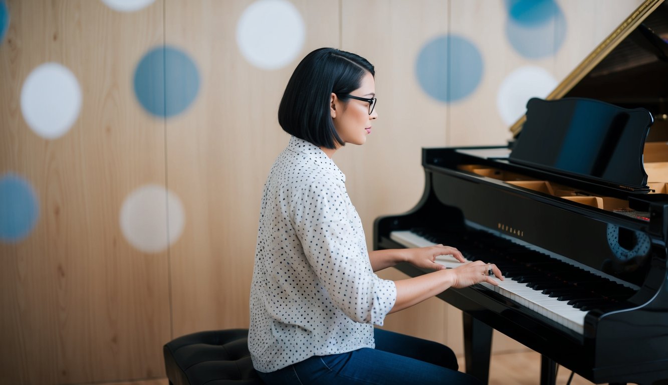 A person sitting at a piano, playing with fluid and intuitive movements, expressing creativity and learning the art of improvisation