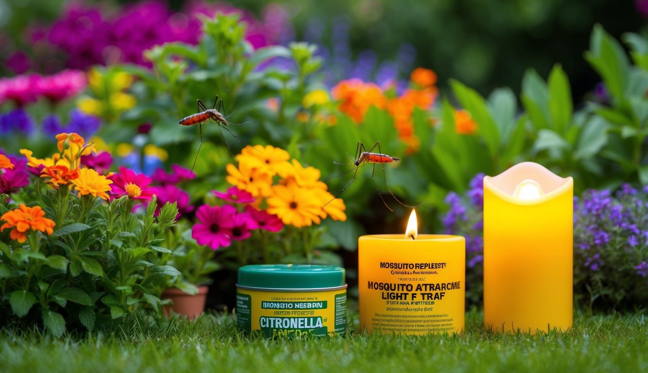 A vibrant garden with colorful flowers and plants, a mosquito repellent citronella candle, and a mosquito attractant light trap