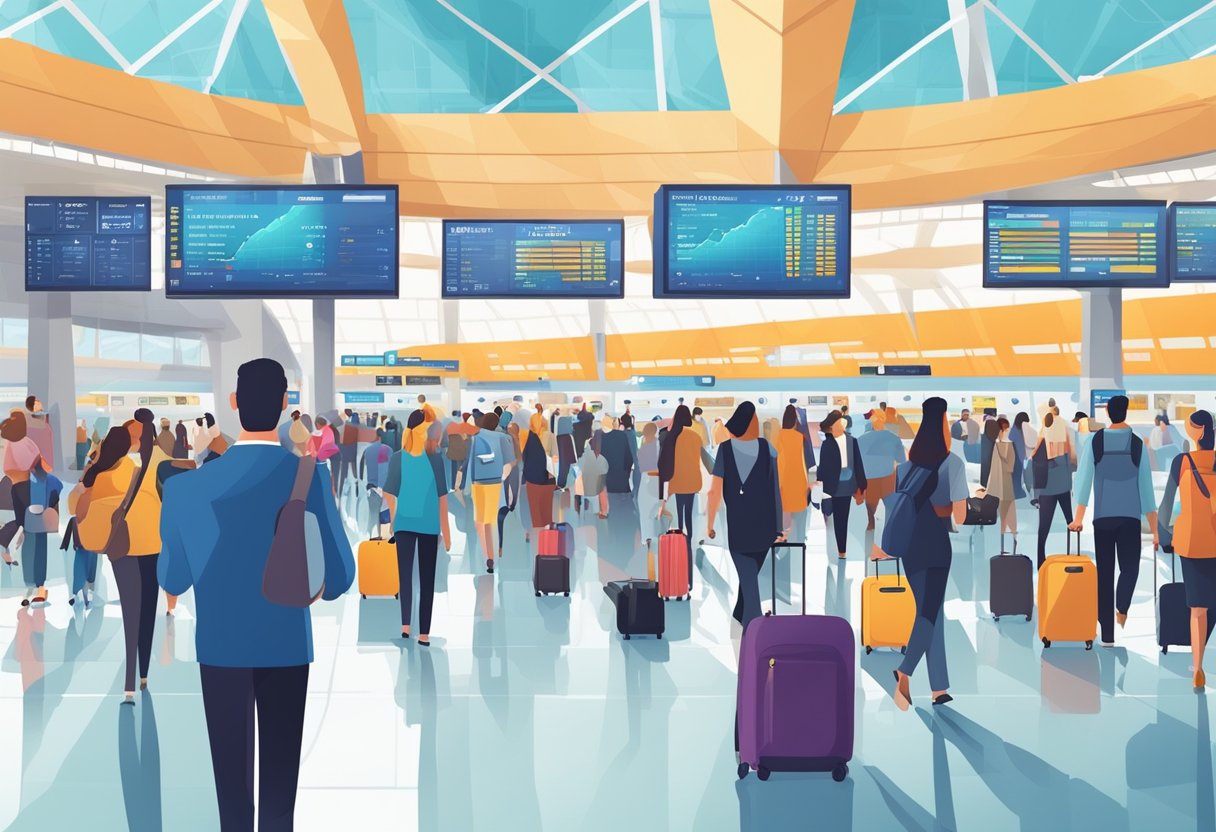 A bustling airport terminal with people rushing to catch flights, colorful travel posters, and a digital screen displaying flight deals