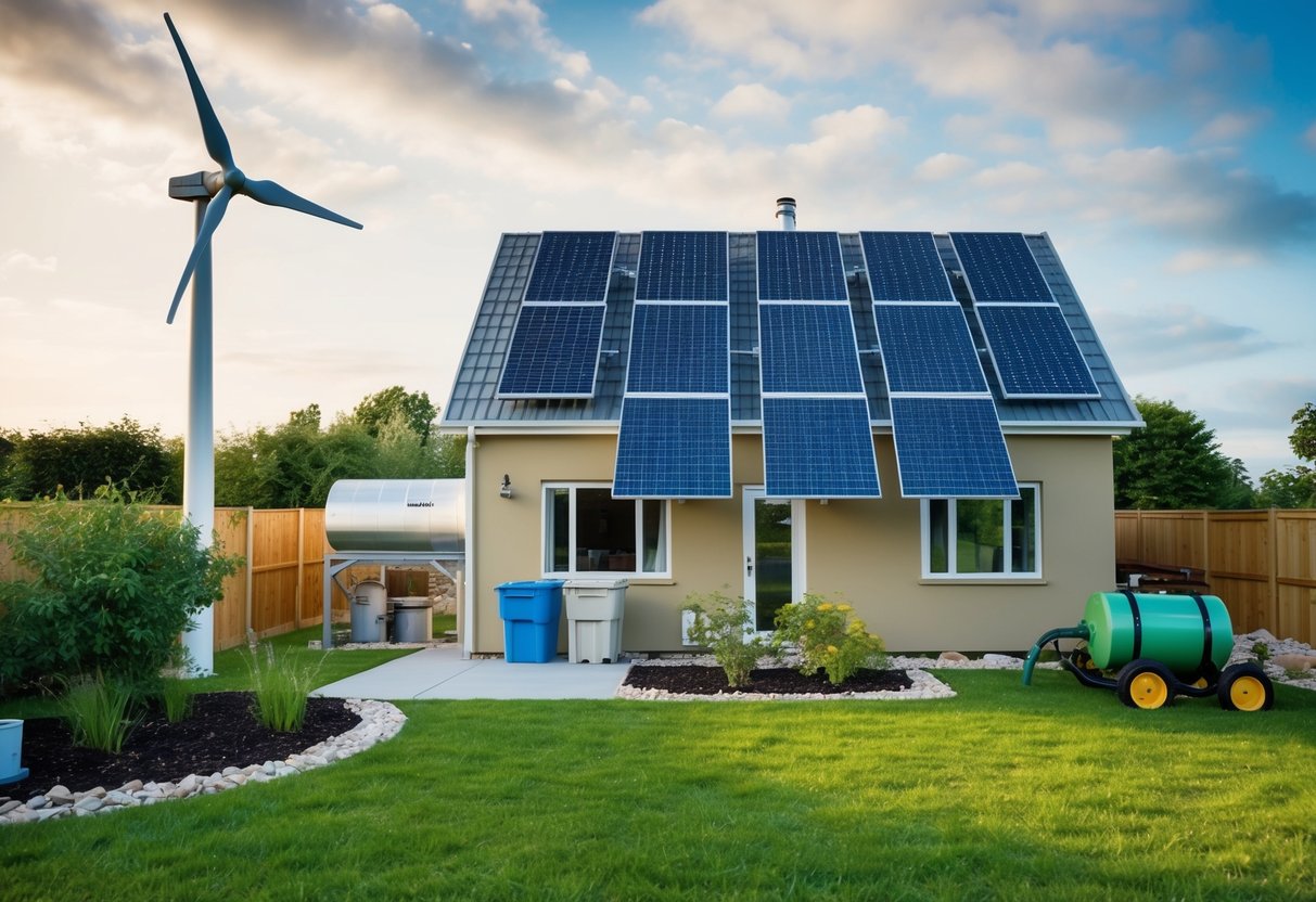 Ein Haus mit Sonnenkollektoren und einer Windkraftanlage, umgeben von einem Garten und einem Kompostierbereich mit einem Regenwassersammelsystem