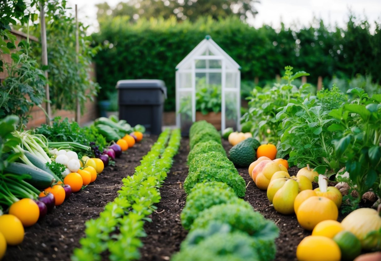 Ein Garten mit verschiedenen Obst-, Gemüse- und Kräutersorten, die in ordentlichen Reihen wachsen. In der Ecke steht ein kleines Gewächshaus und daneben steht ein Kompostbehälter