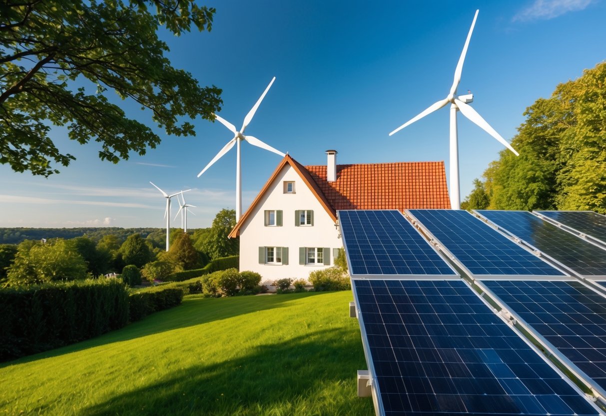 Ein Haus in Deutschland mit Sonnenkollektoren und Windkraftanlagen, umgeben von üppigem Grün und strahlend blauem Himmel