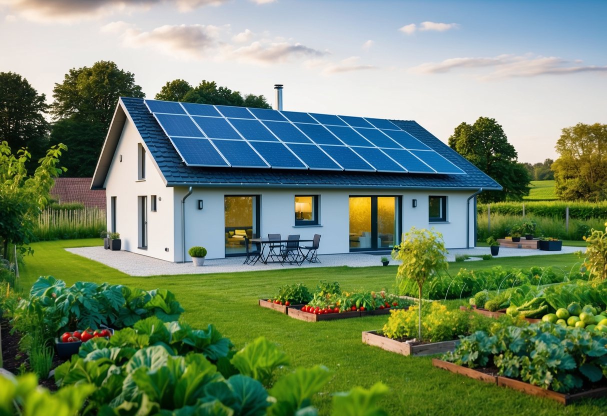 Ein modernes, nachhaltiges Haus in einer üppigen deutschen Landschaft, mit Sonnenkollektoren auf dem Dach und einem Garten voller Gemüse- und Obstbäume