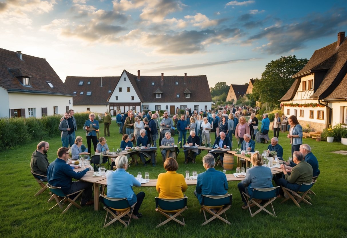 Ein Gemeinschaftstreffen in einem deutschen Dorf, bei dem Menschen Netzwerke für ein autarkes Leben aufbauen und verbinden