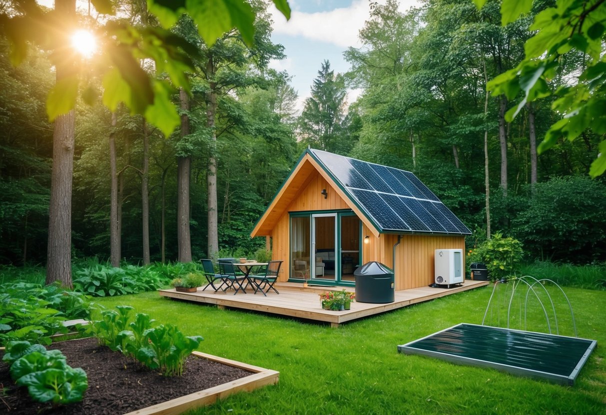 Eine gemütliche, netzunabhängige Hütte, eingebettet in einen üppigen deutschen Wald, umgeben von Sonnenkollektoren, einem Gemüsegarten und einem Regenwassersammelsystem