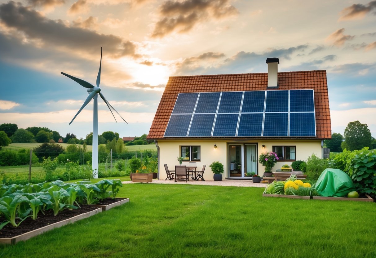 Ein gemütliches deutsches Landhaus mit Sonnenkollektoren, einem Gemüsegarten und einer kleinen Windkraftanlage