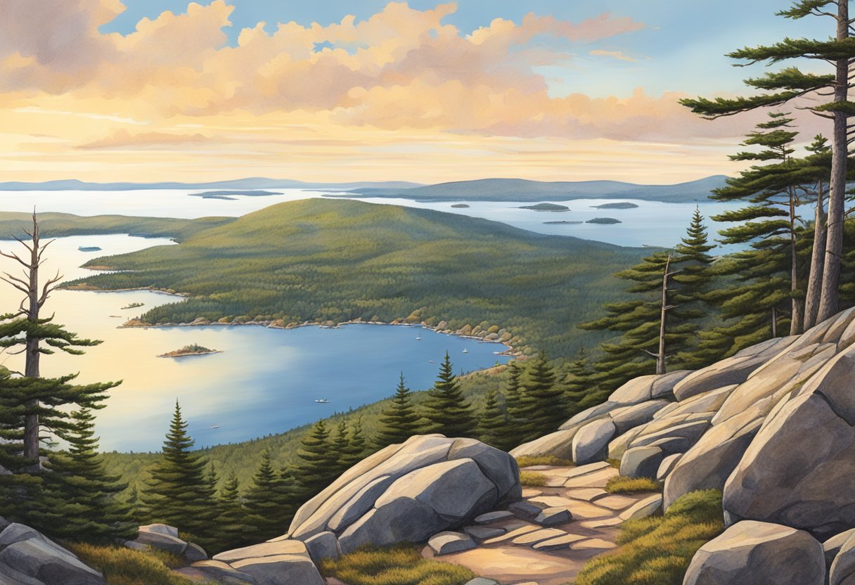 Atop Acadia's Cadillac Mountain, the Summit Loop Trail winds through rocky terrain, offering panoramic views of the surrounding landscape