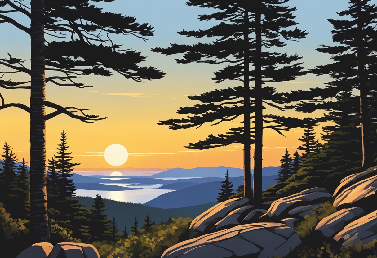 The sun sets behind the silhouette of Cadillac Mountain, casting a warm glow over the rocky summit. Pine trees dot the landscape as the Summit Loop Trail winds its way through the rugged terrain
