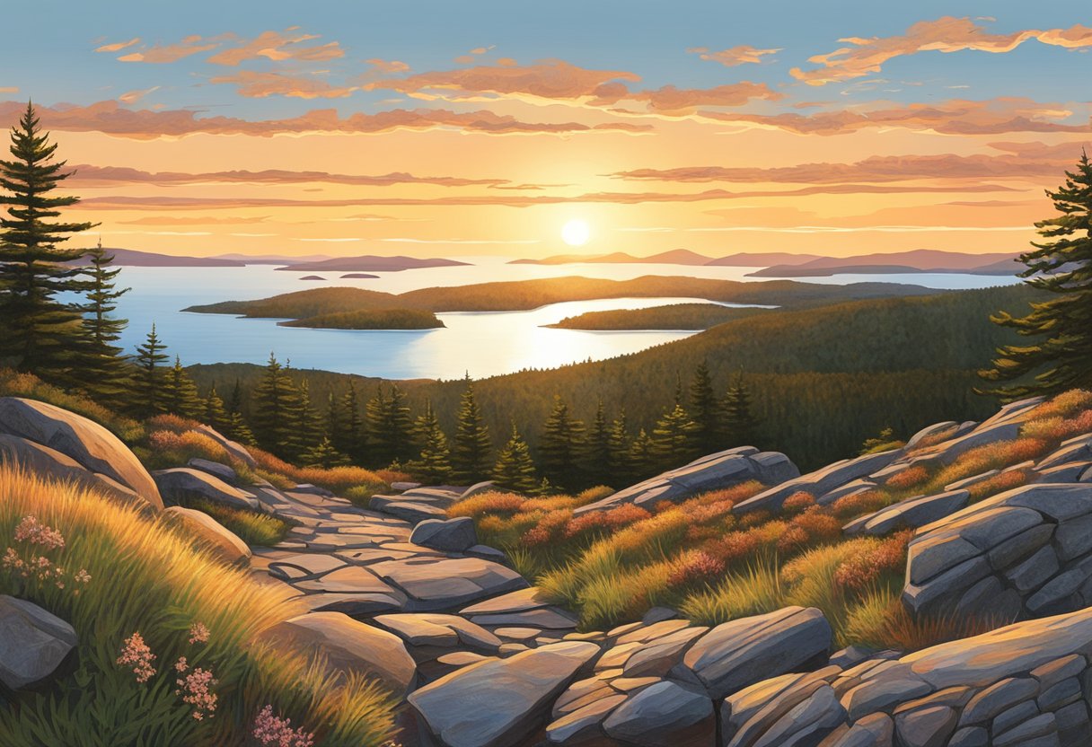 The sun sets behind Cadillac Mountain, casting a warm glow over the rugged landscape. The Summit Loop trail winds through rocky terrain, offering expansive views of Acadia National Park