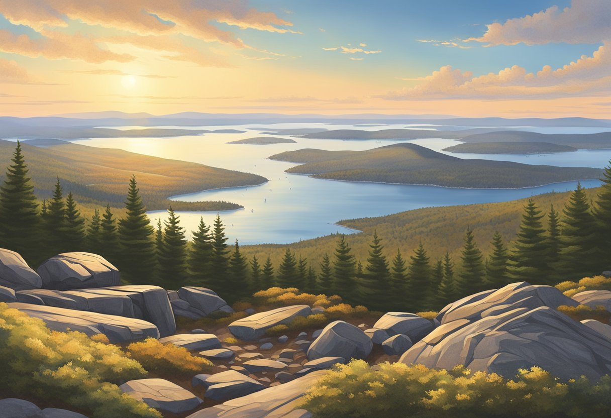 A panoramic view from the summit of Cadillac Mountain, with surrounding forests, rocky terrain, and distant ocean views. Sunrise or sunset lighting highlights the landscape's natural beauty