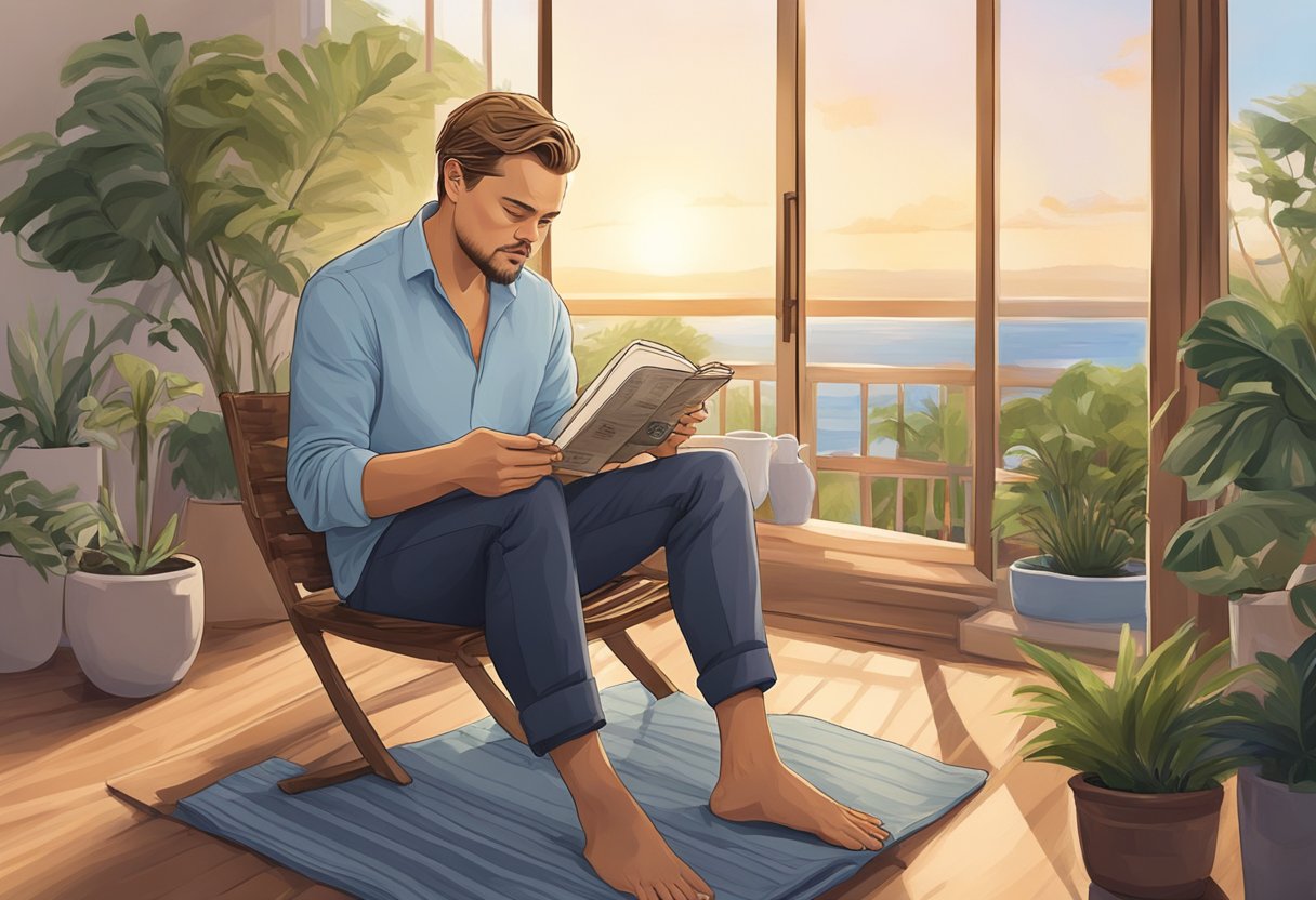 Leonardo DiCaprio's daily routine: waking up to a sunrise, sipping coffee on a balcony, reading scripts, exercising in a home gym, and meditating in a serene garden