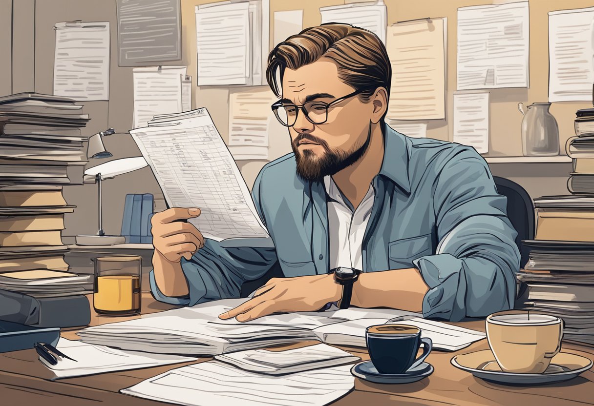 Leonardo DiCaprio sits at a desk, surrounded by scripts and research materials. A cup of coffee steams nearby as he reviews his schedule for the day