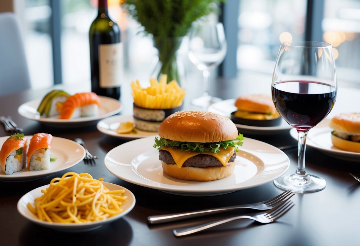 A table set with a variety of dishes, including sushi, pasta, and a cheeseburger, surrounded by elegant cutlery and a glass of red wine