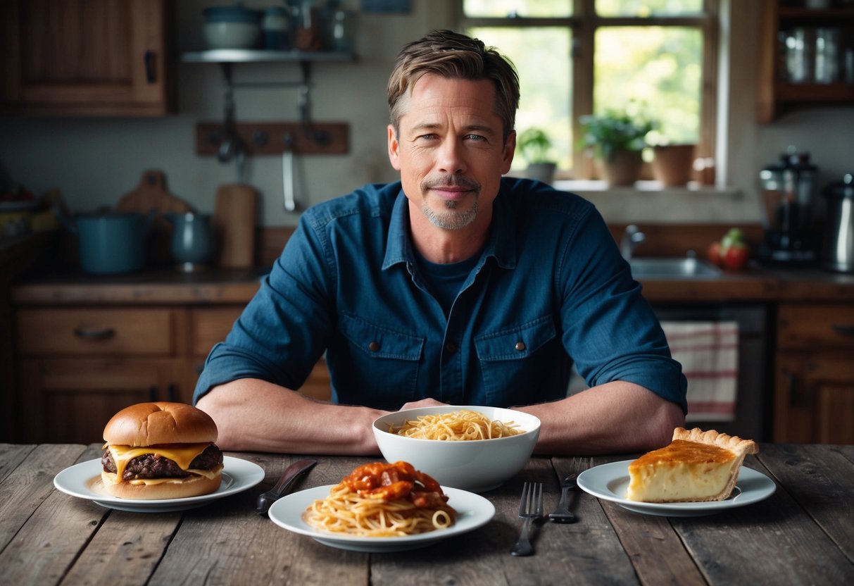 A young Brad Pitt sits at a rustic kitchen table, surrounded by plates of his favorite foods: a juicy cheeseburger, a bowl of spaghetti, and a slice of apple pie