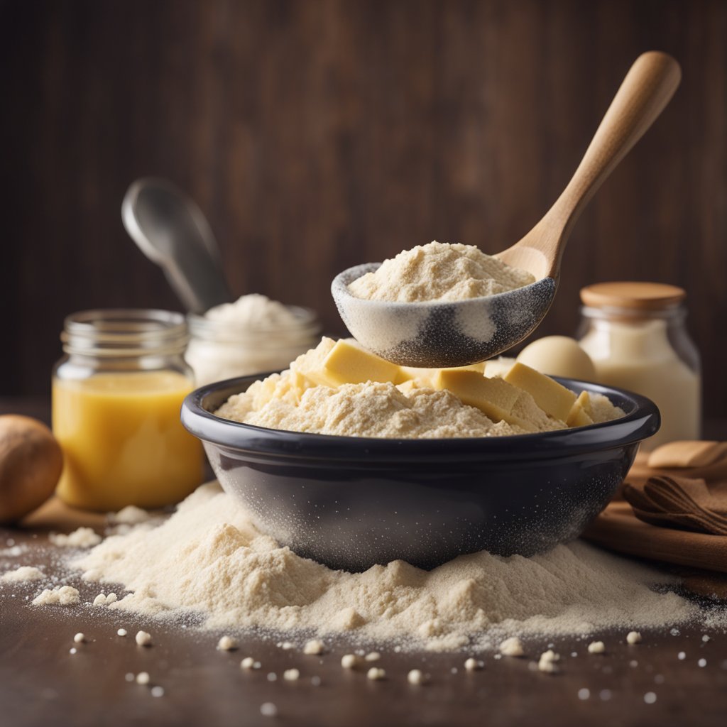 A mixing bowl filled with flour, sugar, butter, and chocolate chips. A wooden spoon stirs the ingredients into a thick, creamy dough