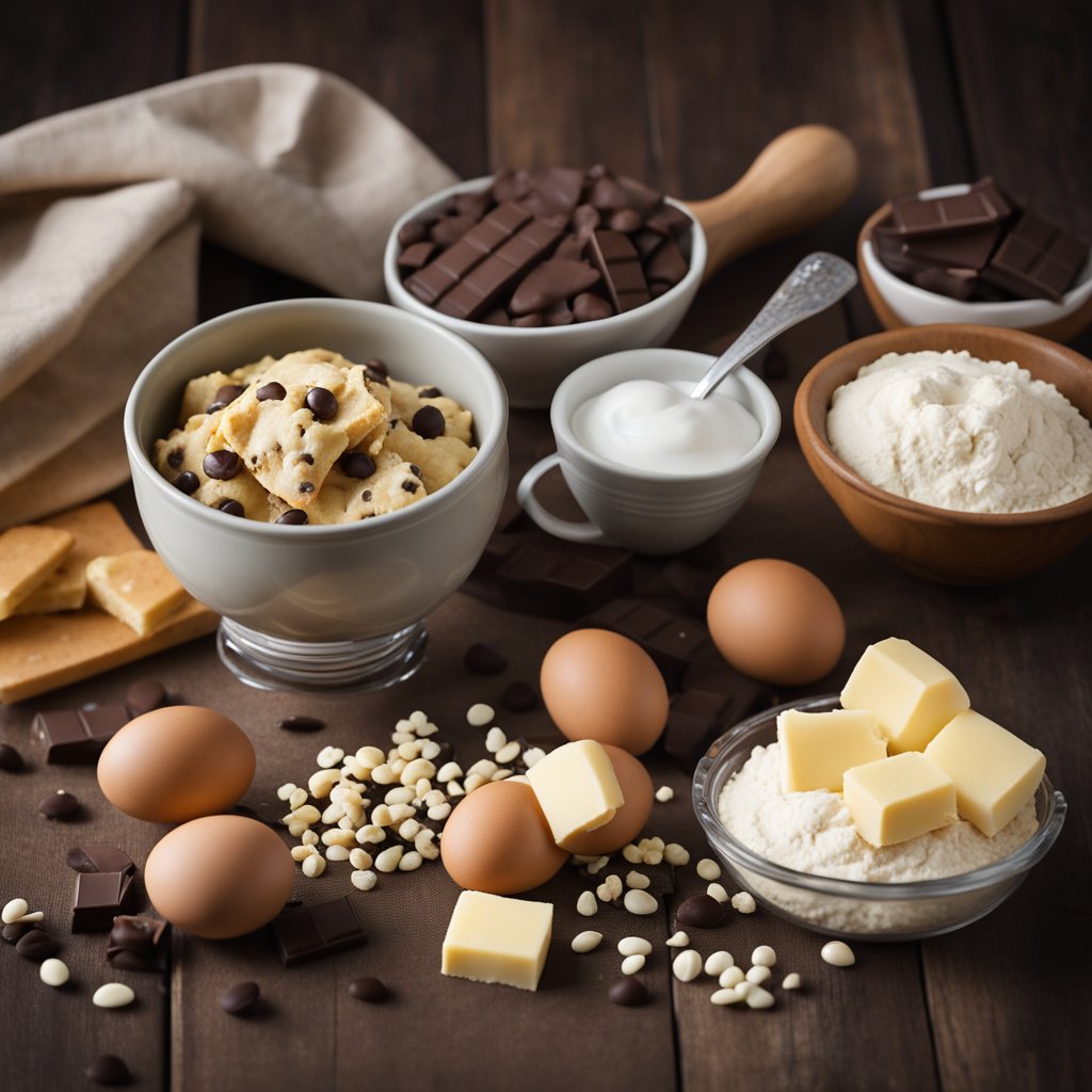 A mixing bowl filled with cookie dough, surrounded by a bag of chocolate chips, a stick of butter, a carton of eggs, and a bag of flour