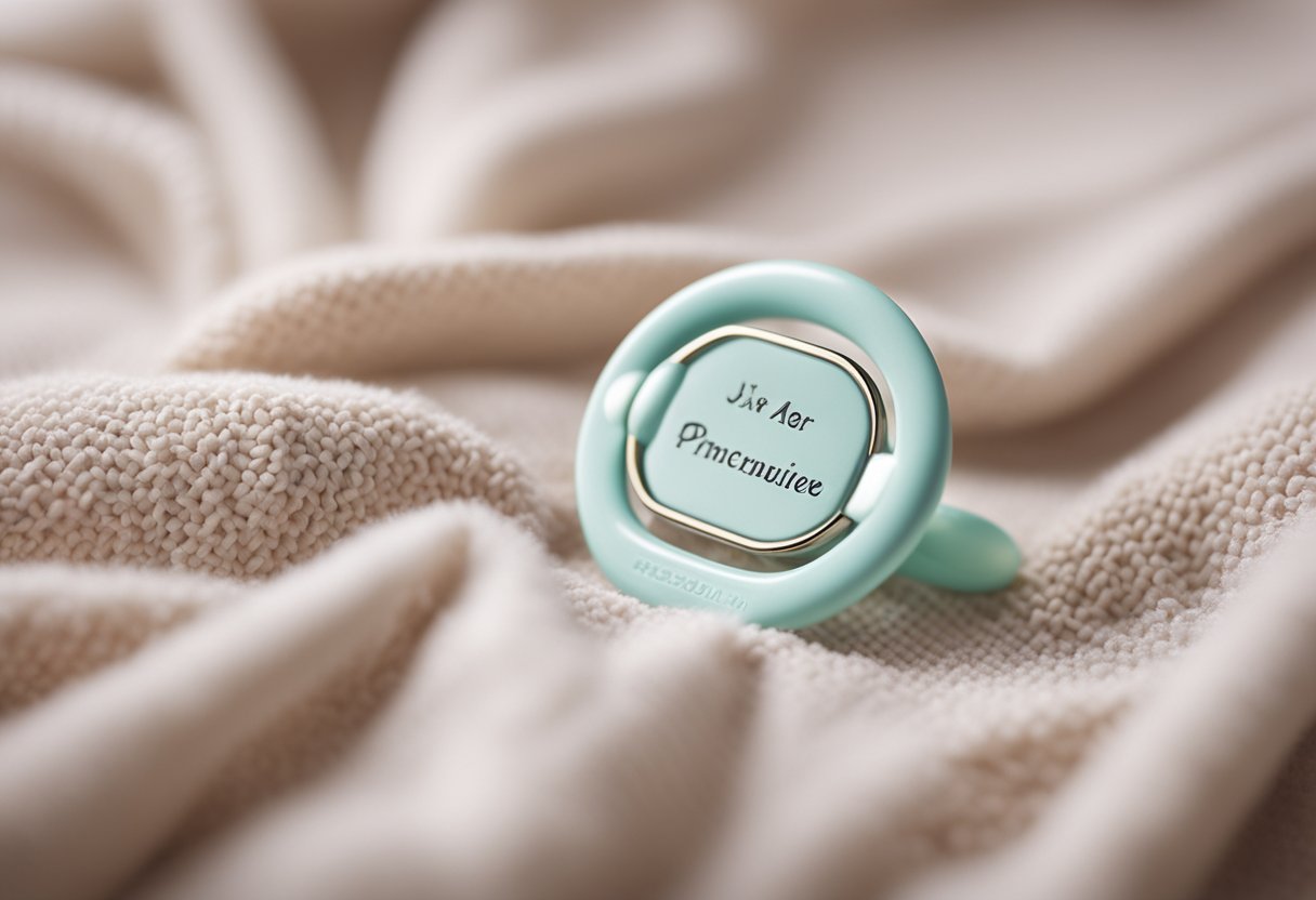 A baby pacifier with a personalized name tag, resting on a soft, pastel-colored blanket