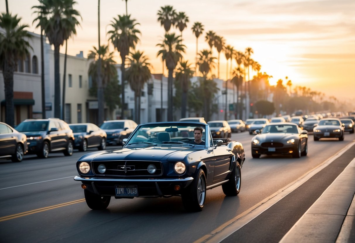 A young Tom Cruise drives a sleek convertible through the streets of Hollywood, the sun setting behind the iconic palm trees lining the boulevard