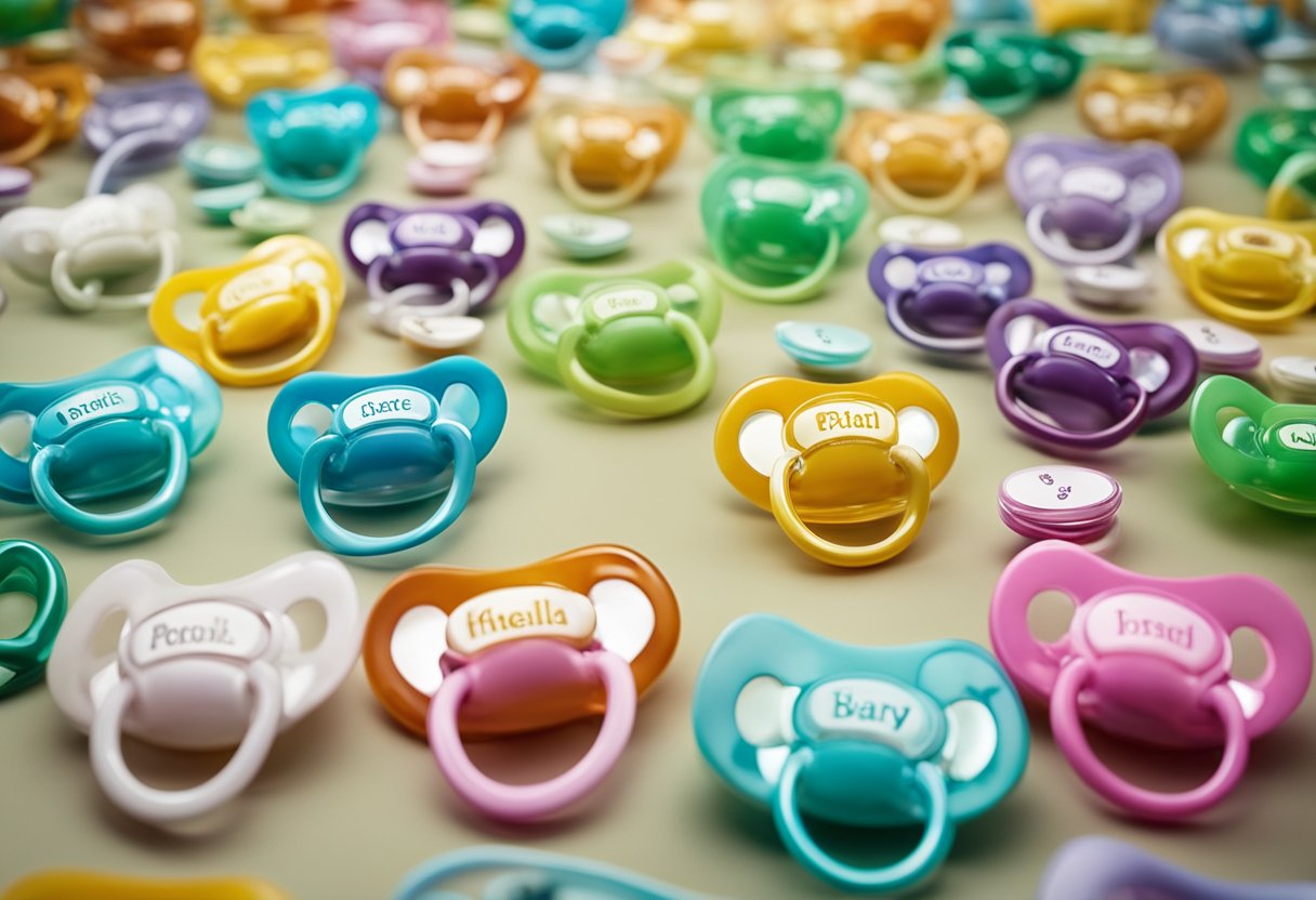 A collection of personalized baby pacifiers with names displayed on a colorful background