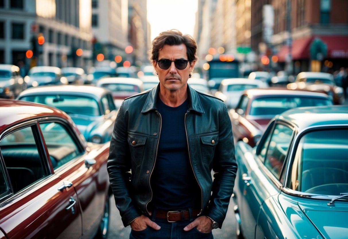 Tom Cruise surrounded by vintage cars at a bustling intersection