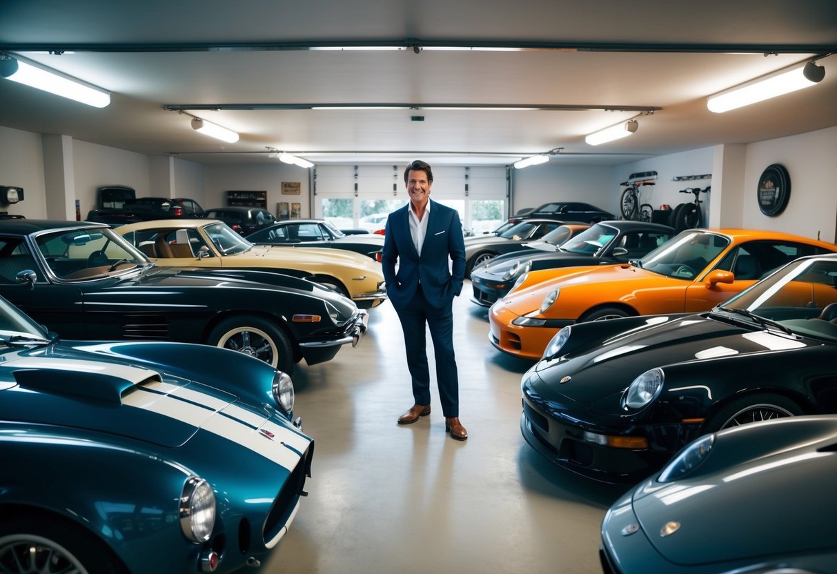 A garage filled with sleek, customized vehicles, each bearing Tom Cruise's personal touch. The cars range from vintage classics to modern sports cars, all reflecting the actor's unique style and taste