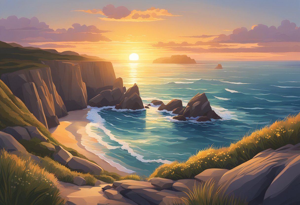 The sun sets over the rugged coastal cliffs, casting a warm glow on the winding trail that overlooks the vast expanse of the ocean. Waves crash against the rocks below, creating a mesmerizing display of natural beauty