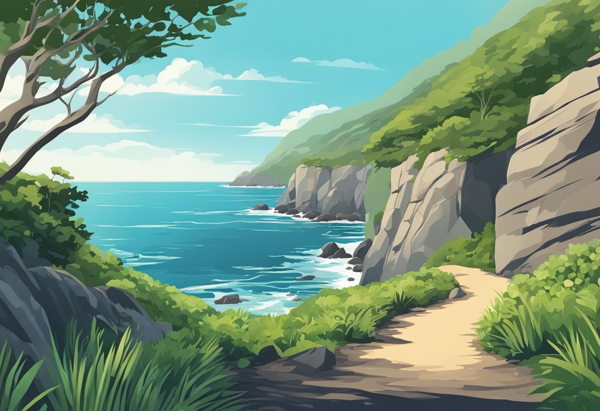 Hiking trail along coastal cliffs with ocean views. Rocky terrain and lush greenery. Blue skies and crashing waves
