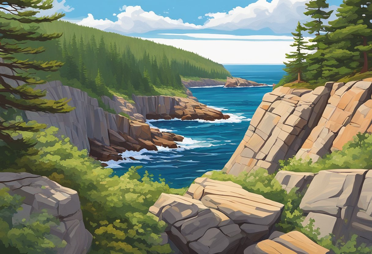 The coastal cliffs rise dramatically from the rugged shoreline, overlooking the vast expanse of the ocean. The Great Head Trail Loop winds through the picturesque landscape, offering stunning views of the natural beauty of Acadia National Park