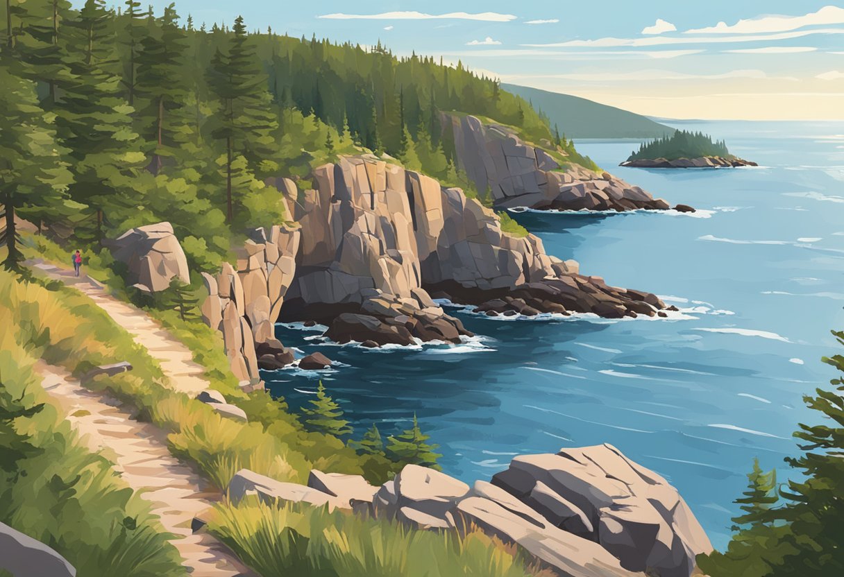 The Great Head Trail Loop in Acadia: Coastal cliffs, ocean views, and hikers enjoying the scenic beauty