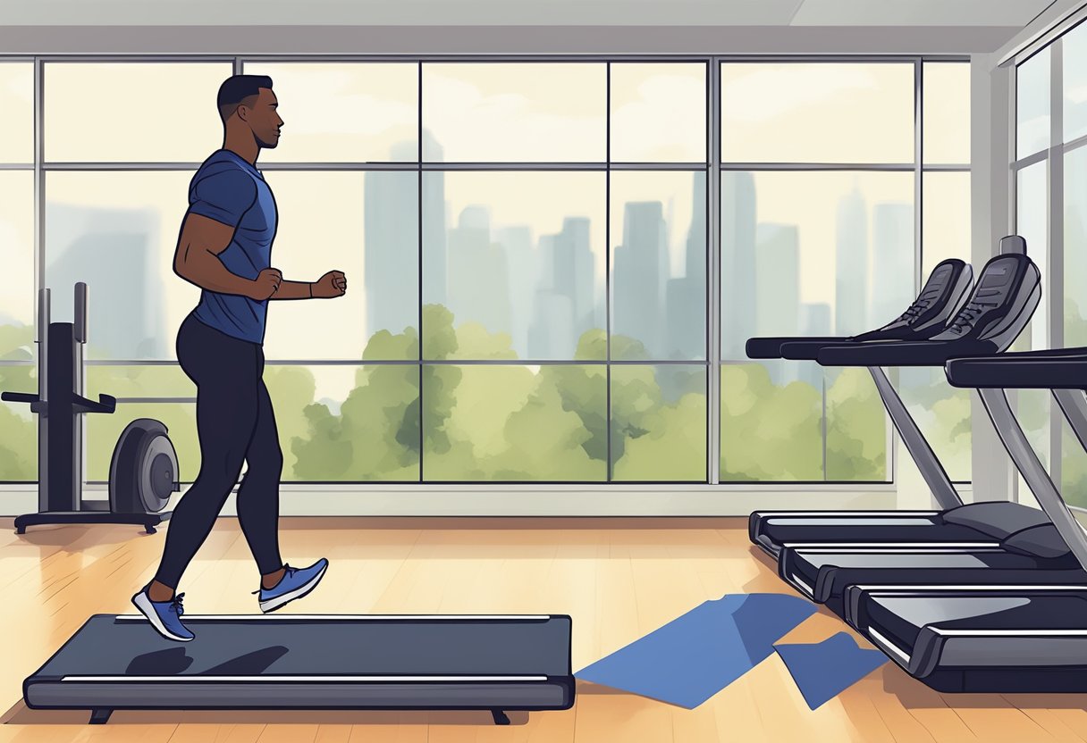 A person is performing a series of high-intensity interval training exercises, including sprints, jumps, and burpees, in a gym setting with equipment such as a treadmill, weights, and exercise mat