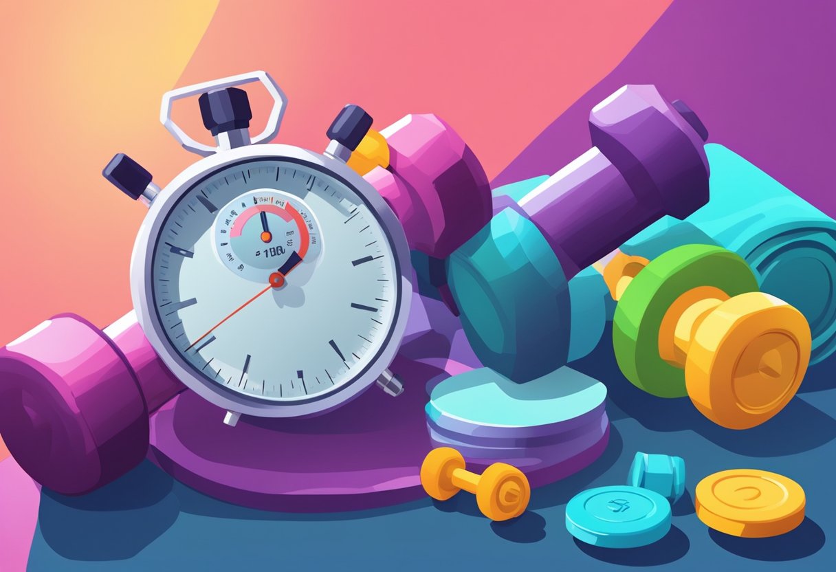 A stopwatch next to a water bottle, a towel, and a set of dumbbells on a gym floor. Bright, energetic colors and dynamic angles capture the intensity of a HIIT workout