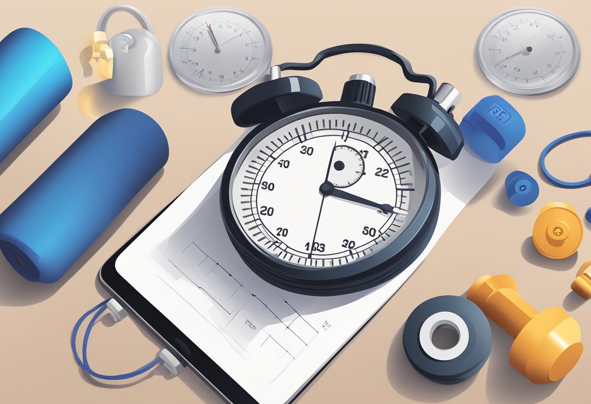 A stopwatch set to 30 seconds, a set of dumbbells, a yoga mat, a water bottle, and a high-energy playlist