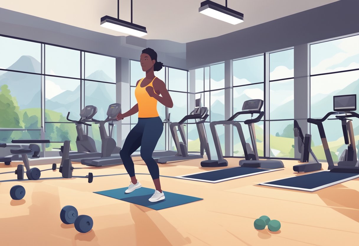 A person performs a series of high-intensity interval training exercises, including jumping jacks, burpees, and mountain climbers, in a sleek, modern gym setting with bright lighting and motivational posters on the walls