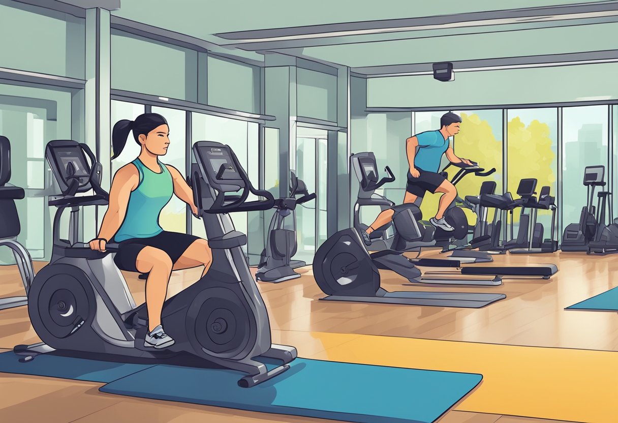 A person performing high-intensity interval training, with various workout equipment and timers in a modern gym setting